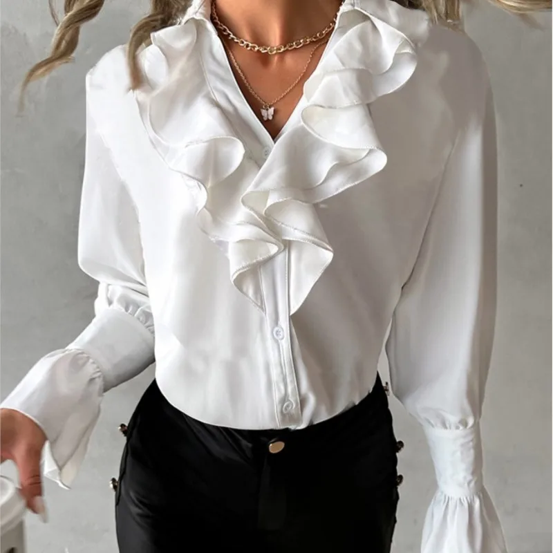 Camisa feminina de manga comprida com babados e decote em v cor sólida primavera e outono com camisa de chiffon plissada solta e elegante