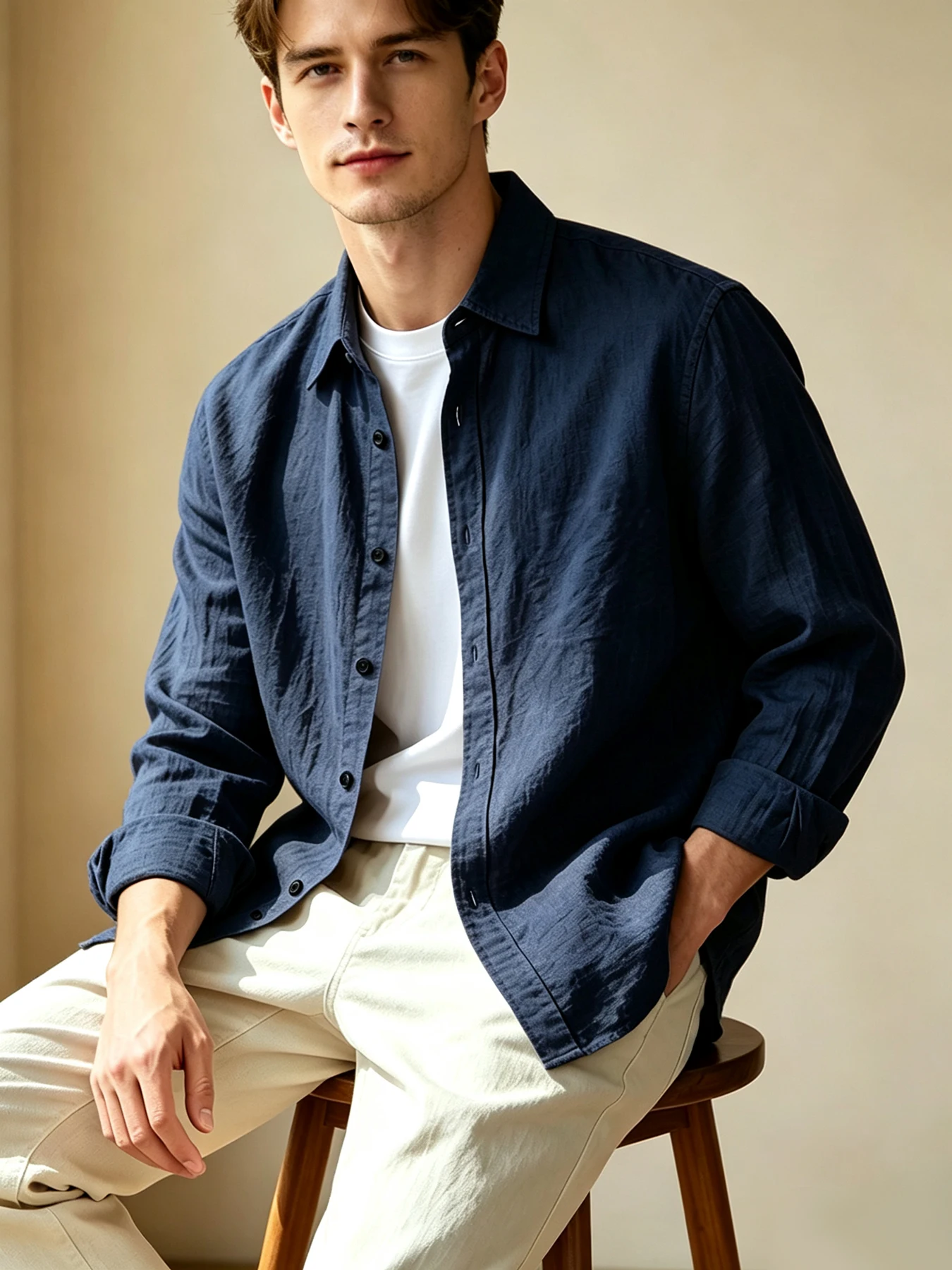 Men's Lapel Long Sleeve Shirt & Wide Leg Pants Casual Set, Light Business Casual Style Drapey Texture Two Piece Outfit, Wrinkle-