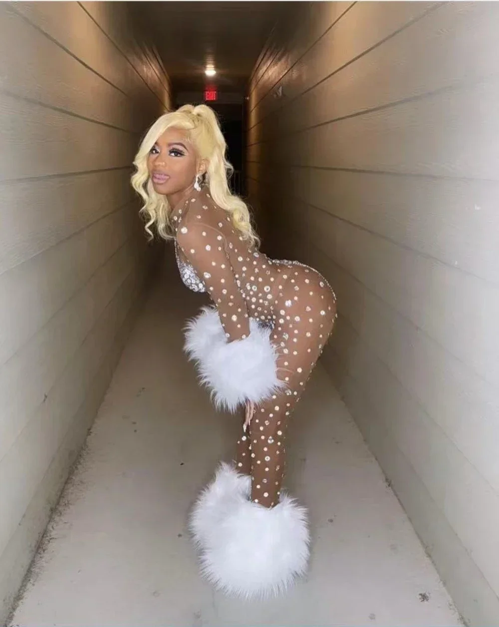 Luxury Rhinestone Feather Stretch Jumpsuit Nightclub Performance Dancer Stage Costume Sexy Mesh Long Sleeve See through Outfit