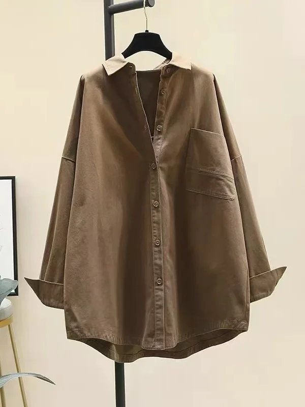 Women's Thiened Loose irt Korean Sle Autumn New plus Size Slimming Top Casual Cotton Long Sve  Collar Button up
