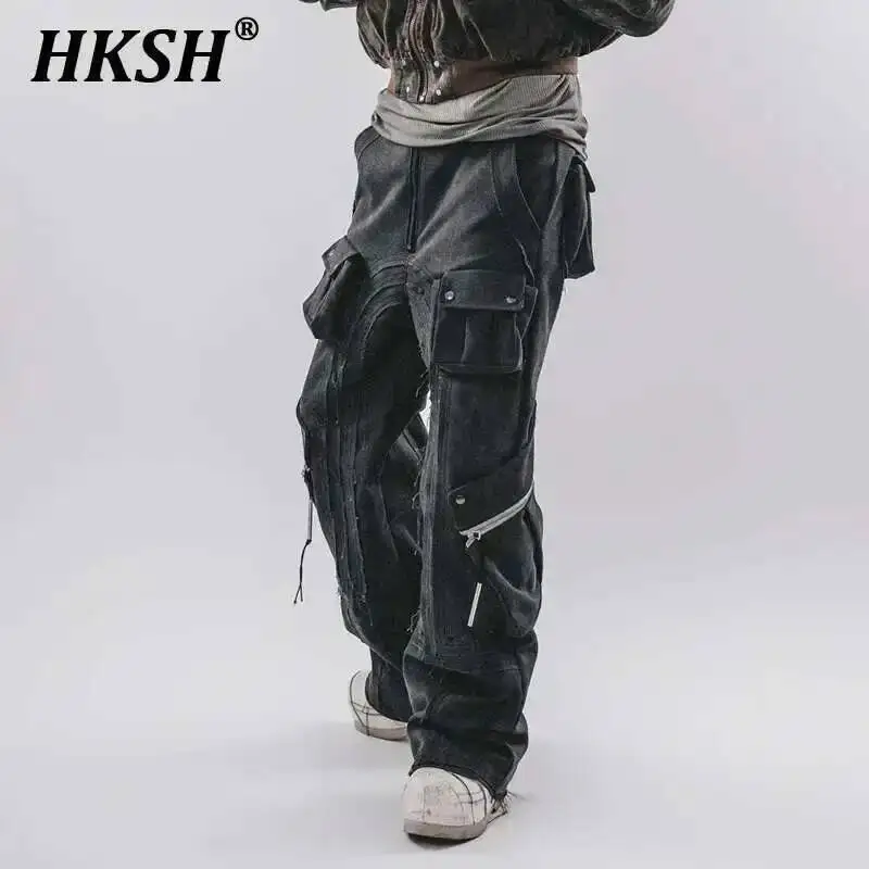 

Новинка, осенние мужские штаны HKSH в стиле панк, штаны-карго, летающие части, трехмерные режущие карманы, холщовые потертые края HK2831