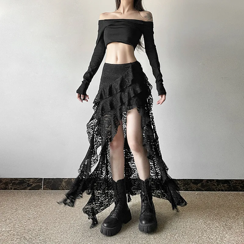 

Unique Design Black Lace Wave Pleated Edge Half Skirt Women's Autumn 2024 New Style Cross-Border European And American Fashion