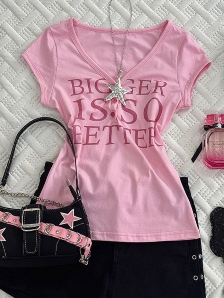 

HOUZHOU Y2k Pink T-Shirts Women Vintage Harajuku Letter Print V Neck Tees Retro Gothic 2000s Grunge Slim Up Short Sleeve Tees