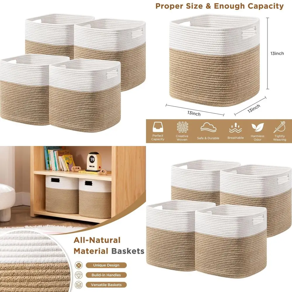 

Набор корзин для хранения из 4 предметов из хлопчатобумажной веревки — 13 органайзеров-кубов для полок, игрушек, книг, белых и джутовых с ручками