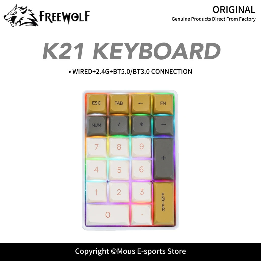 K21 Numeric Mini Mechanical Keypad FREEWOLF Full Key Hot Swap RGB Backlight Three-Mode Wireless for E-Sports