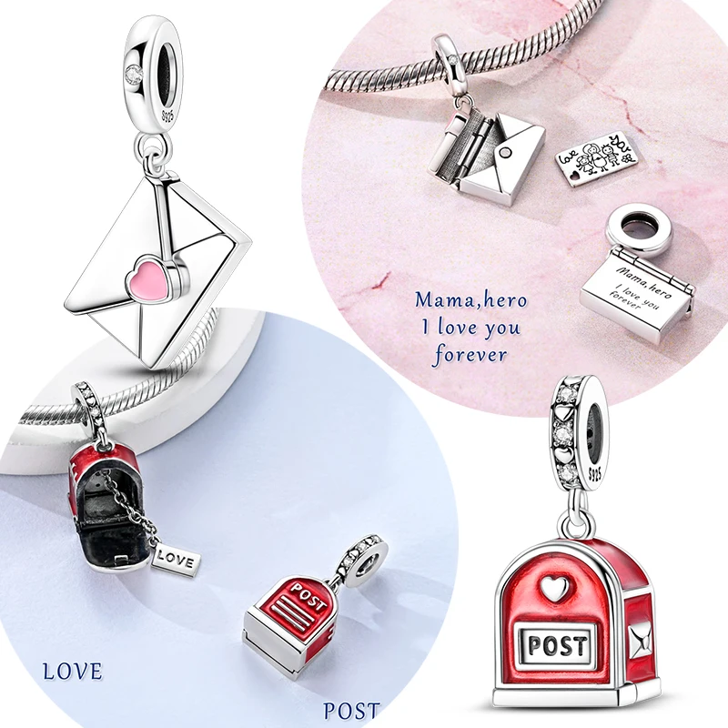 925 Sterling Silver Charms Bead Openable Letter Envelope Red Mailbox Pendant Fit Original Bracelet For Women DIY Jewelry Gift