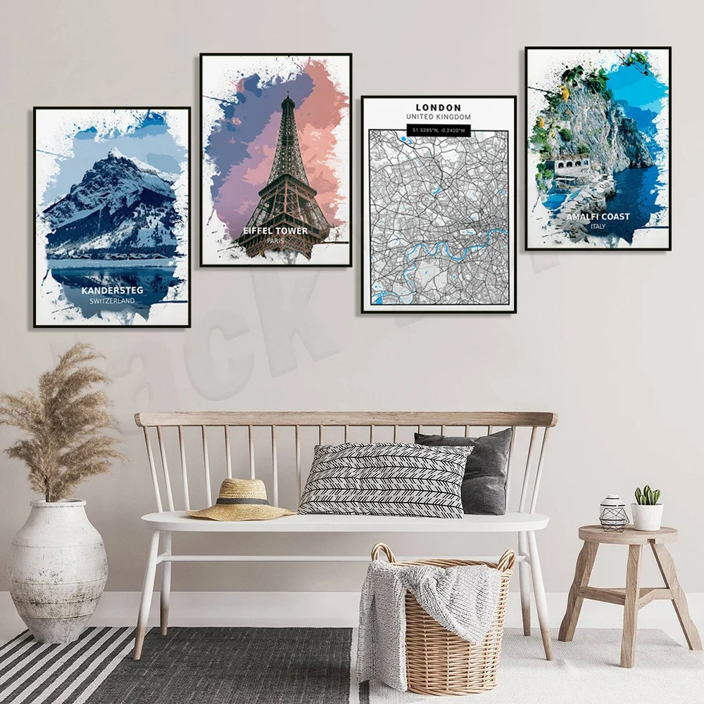 

Kandersteg Switzerland, Tower Bridge London UK, London map, Amalfi Coast Italy, Eiffel Tower Paris France travel poster gift