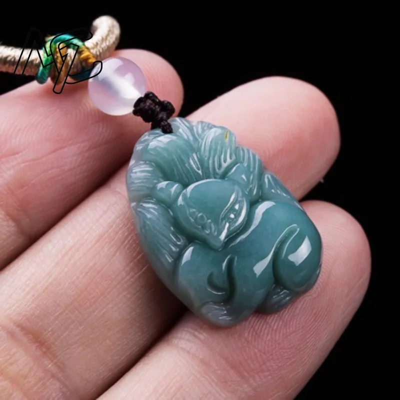 Burmese Emerald Jade Blue Water Nine-tailed Fox Pendant Jadeite Amulets Fashion Retro Natural Jewelry Gifts for Men Women