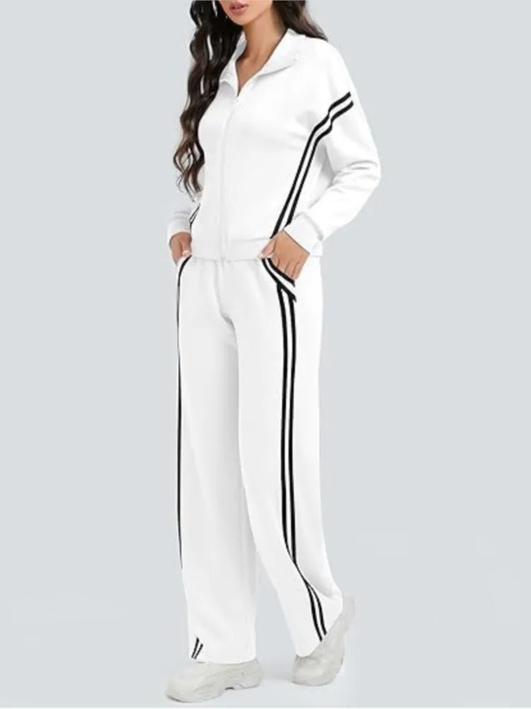 

Весенне-осенний модный повседневный костюм, женский новый спортивный кардиган в контрастную полоску, топ с длинными рукавами, широкие брюки, комплект из двух предметов