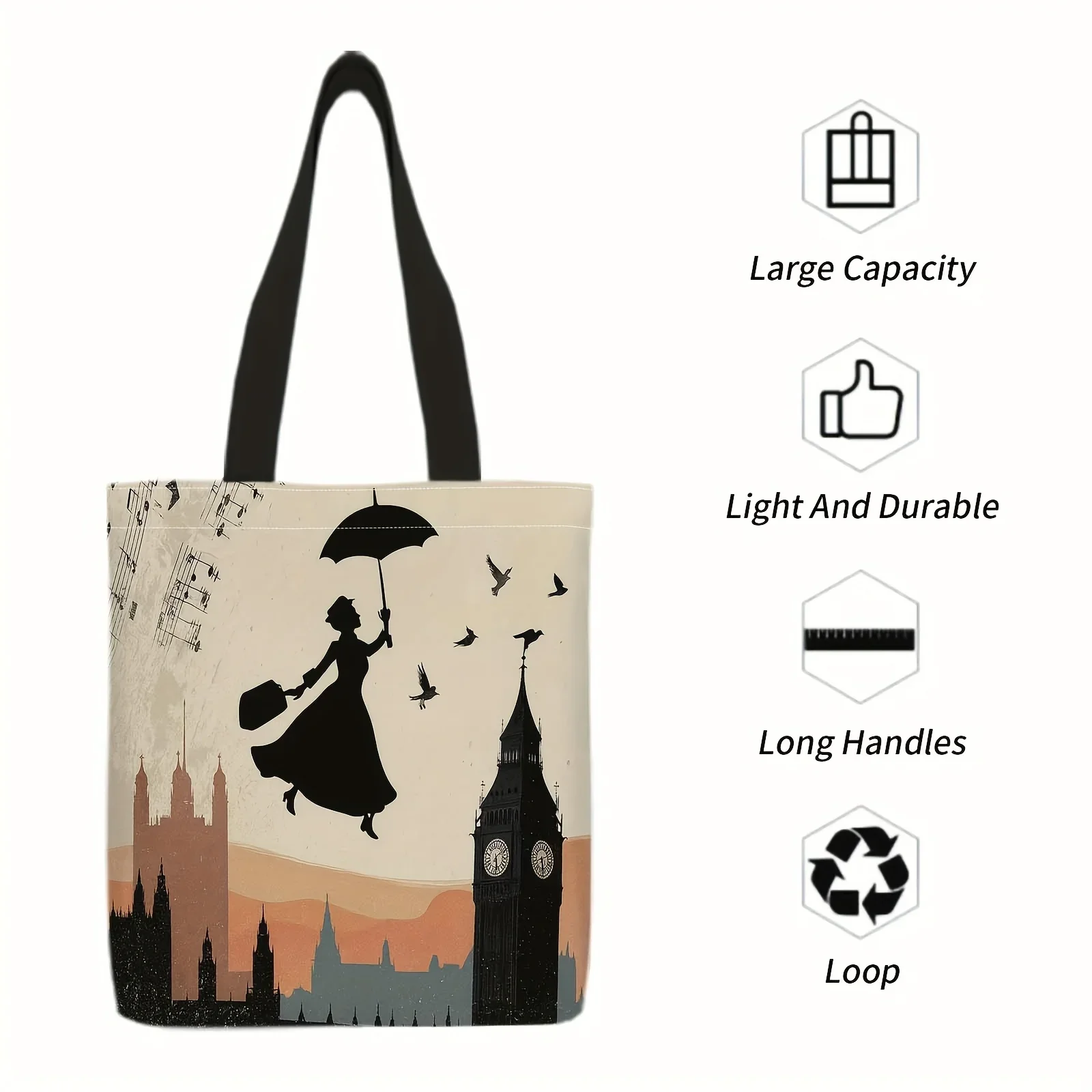 Einkaufstaschen aus Canvas mit großem Fassungsvermögen und viktorianischem London-Motiv (Big Ben, Mary Poppins Regenschirm) – wiederverwendbar. – Detail 6