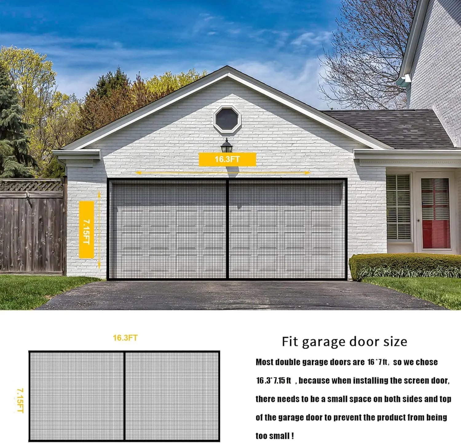 Garage Door Screen for 2 Car Garage Door-16x7FT Reinforced Fiberglass Garage Screen, Magnetic Garage Screen Door