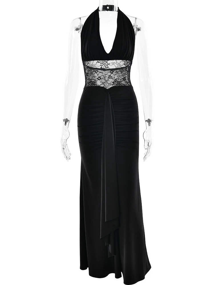 XIAOTANG licou dos nu froncé Sexy robe Maxi femmes mode maille voir à travers sans manches drapé moulante Club fête longue robe