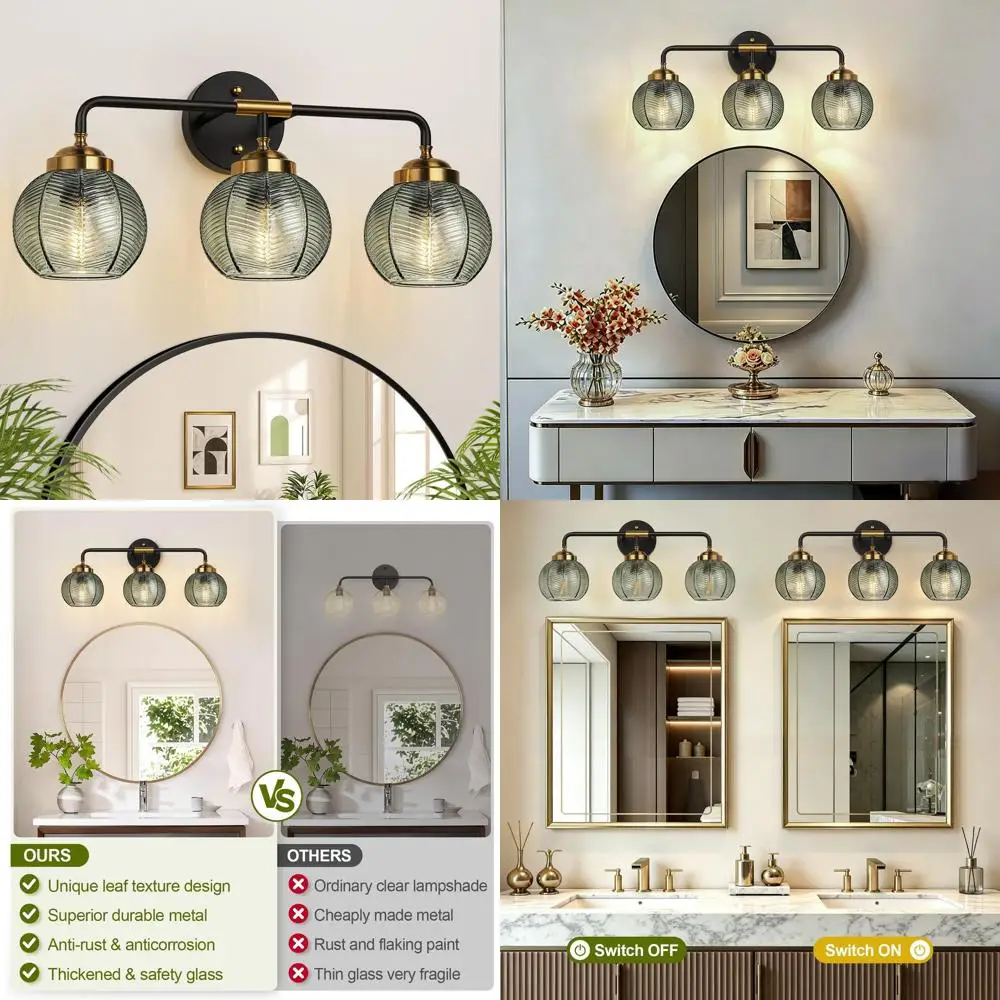 

3-Light Green Vanity Lights with Textured Glass Shades, Matte Black and Gold Finish for Bathroom, Hallway, and Living Room