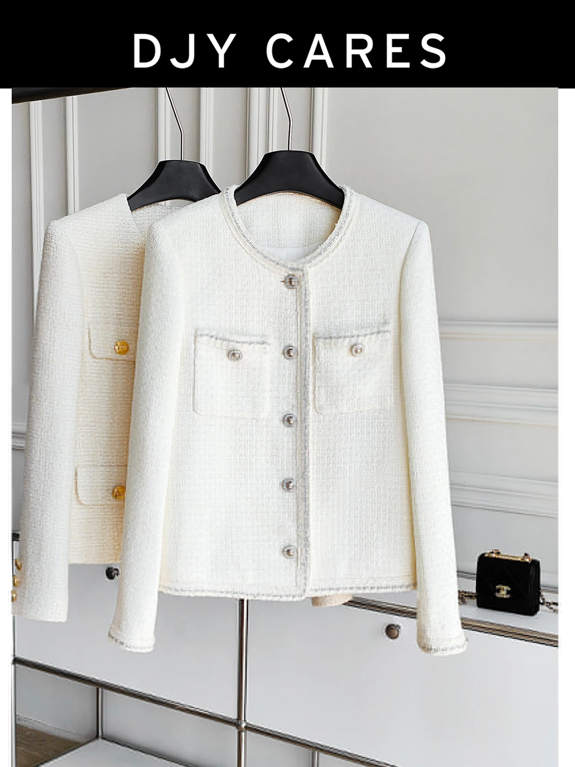 

New Coarse tweed elegant white round neck jacket simple commuting top big size