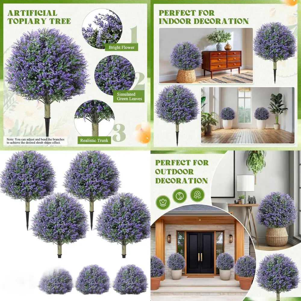 Set of 4 Outdoor Artificial Topiary Balls, 24 Decorative Shrubs with Ground Spikes, UV-Resistant for Porch, Patio, or Garden (Ro