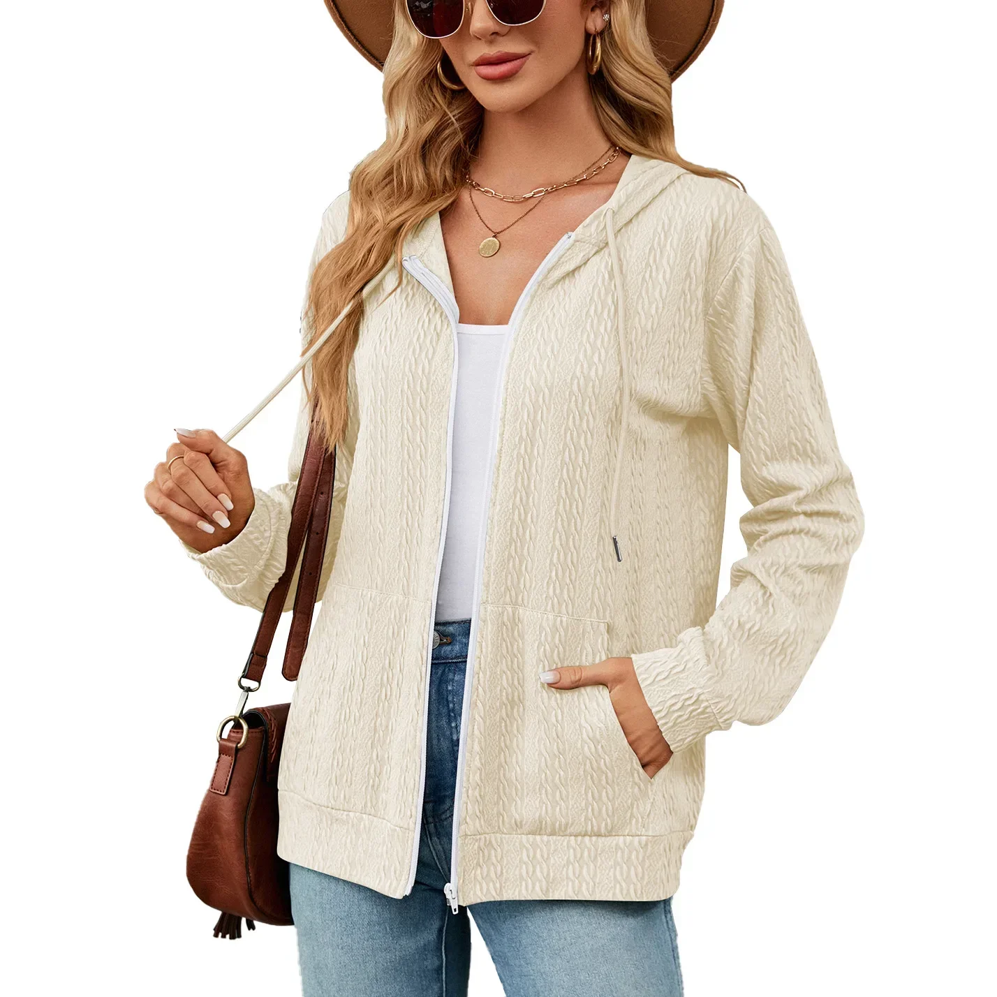 

Women Long Sleeve Cardigan Hoodie Sweatshirt Zipper Solid Lace Up Pockets Tops