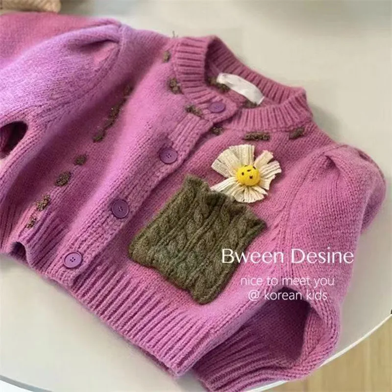 

Baby Girl Sweater Cardigan Korean Version Spring Autumn Purple Children's Knitted Sweater Jacket 90-140CM