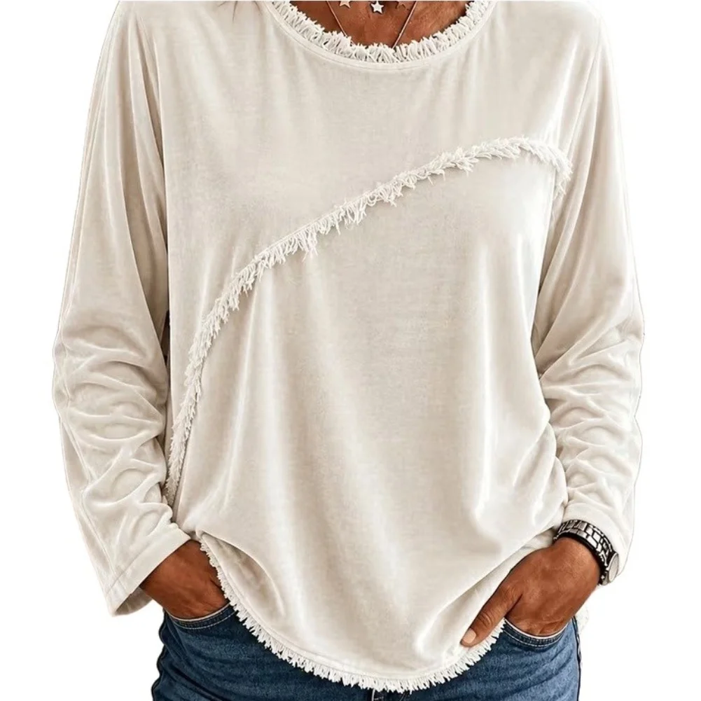 Women's Solid Pullover for top with Round Neck Long Sleeves and Integrated For Velvet Lace Spliced Construction