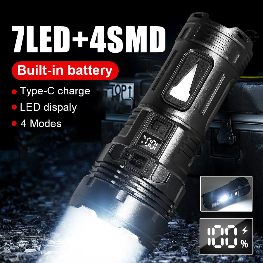 High Power LED Flashlight Digital Power Display Side Light USB Rechargeable Torch Hunting Fishing Search Rescue Emergency Lamp