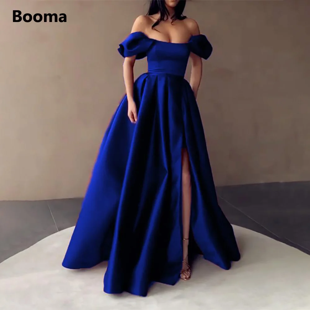 Booma Royal Blue Satin Prom Dresses Strapless Off the Shoulder Split Evening Dresses Pleated A-Line Long Formal Gowns