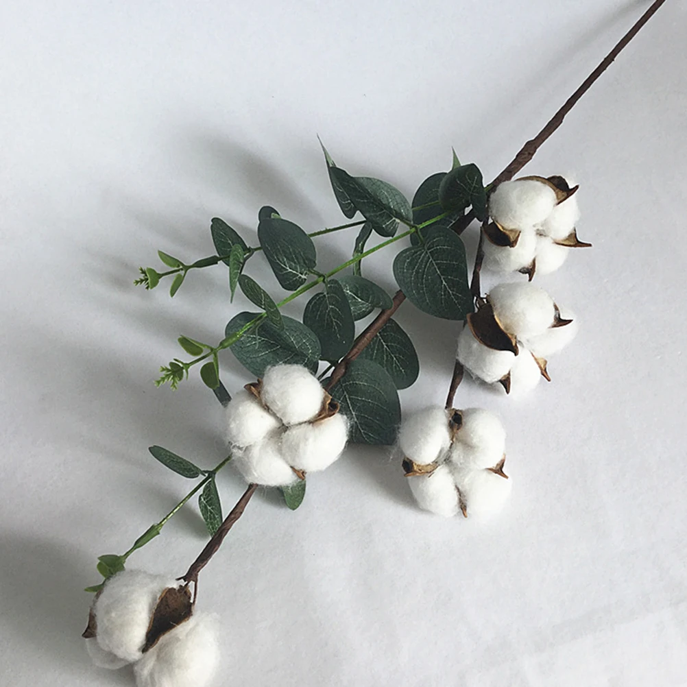 

1Pcs 5 Balls Dried Cotton Flower Artificial Eucalyptus Leaf Bouquet for Home Wedding Party Decor Simulation Floral Branch