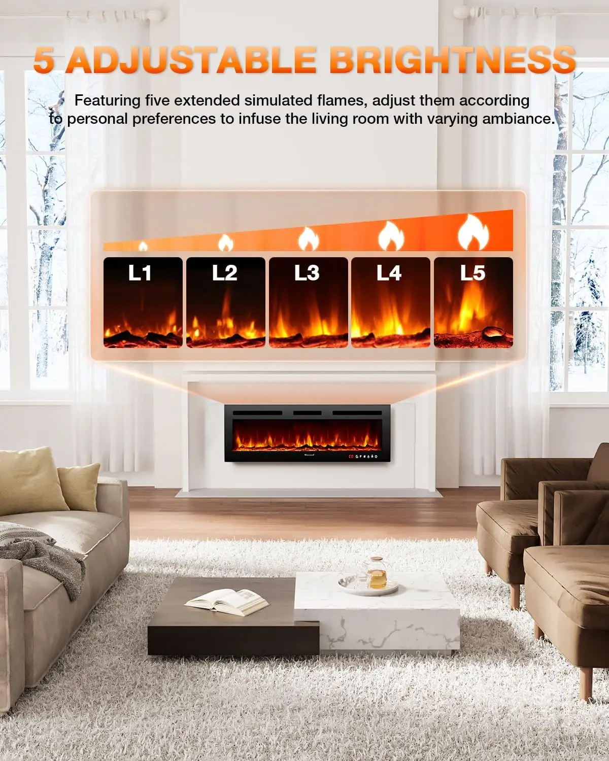 Electric Fireplace 50Inch,Realistic Flame Electric Fireplace Heater,Log Set/Crystal Flames 750-1500W with Timer Inserts/Wall Mou