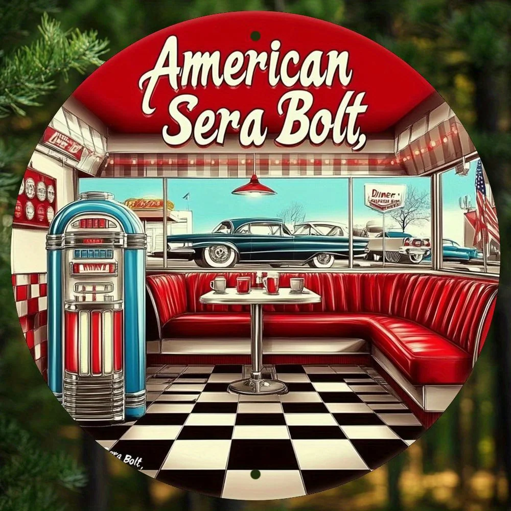 2D Flat  Vintage-Style Round Metal Sign Featuring a Red Sofa Theme, Designed for Retro Diner Wall