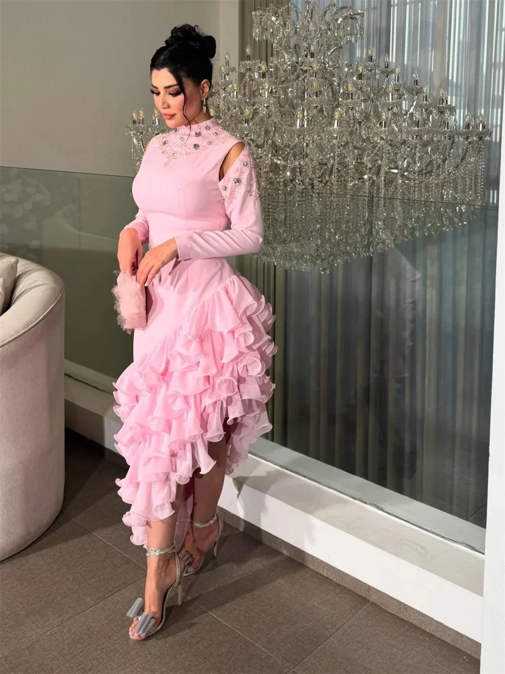 

Pink Beaded Long Sleeves Bespoke Occasion Gown Evening Dresses Prom Pastrol Unisex Jersey Retro Dubai Saudi Arabic Customized