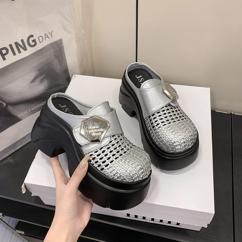 

8CM Synthetic Leather Slip on Slippers New 2026 Summer Platform Hollow out Sandals Woman High Heels Casual Flip Flops Zapatos