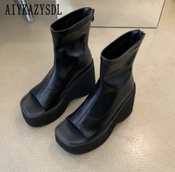 AIYKAZYSDL Open Peep Toe stivaletti donna Platform Wedge tacco alto sandali gladiatore stivali estivi stivaletti scarpe con suola spessa