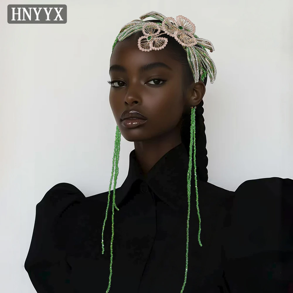 

HNYYX Green Crystal Headband Wedding Bridal Hair Accessories with Tassels Fashion Girls Headpieces Flower Jewelry Headband A403