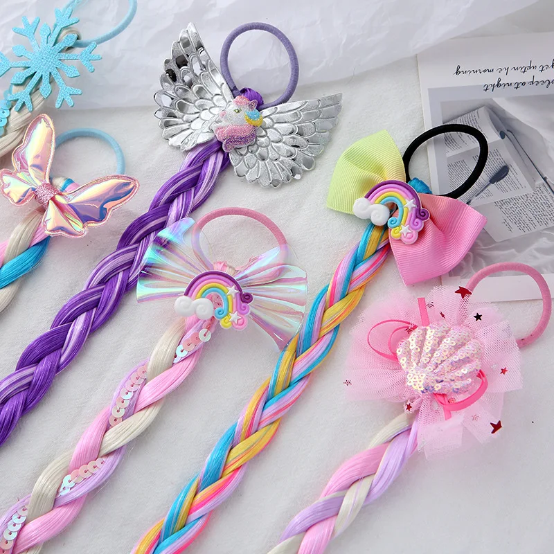 New Girls Cute Cartoon Bow Butterfly Colorful Braid Headband Hair Ropes for Girls Sequin Glitter Kids Headwear