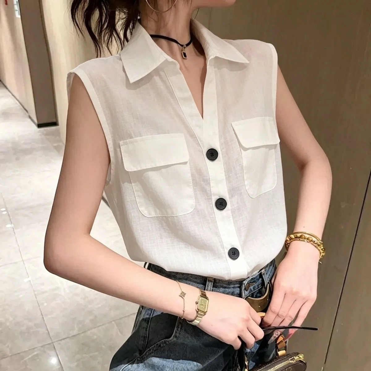 

Linen Breathable Sleeveless Shirt Women Summer Lazy Style Loose Commute Slimming Collar White Top Fashionable Casual Wear