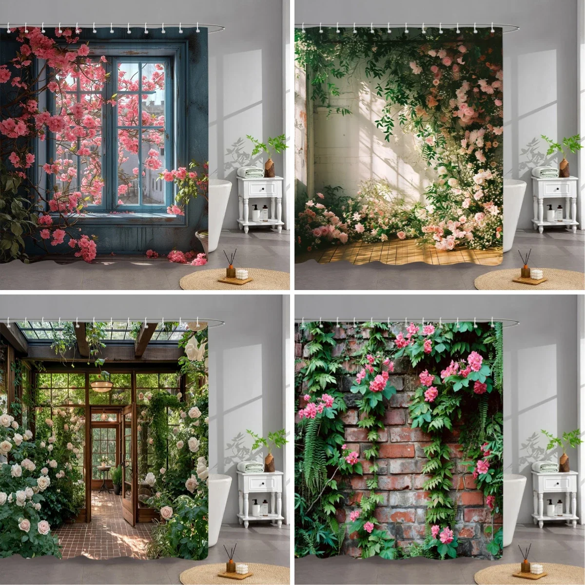 Outdoor Garden Poster Shower Curtain Vintage Window Wall Growing Floral Plants Polyester Fabric Shower Curtains Bathroom Decor