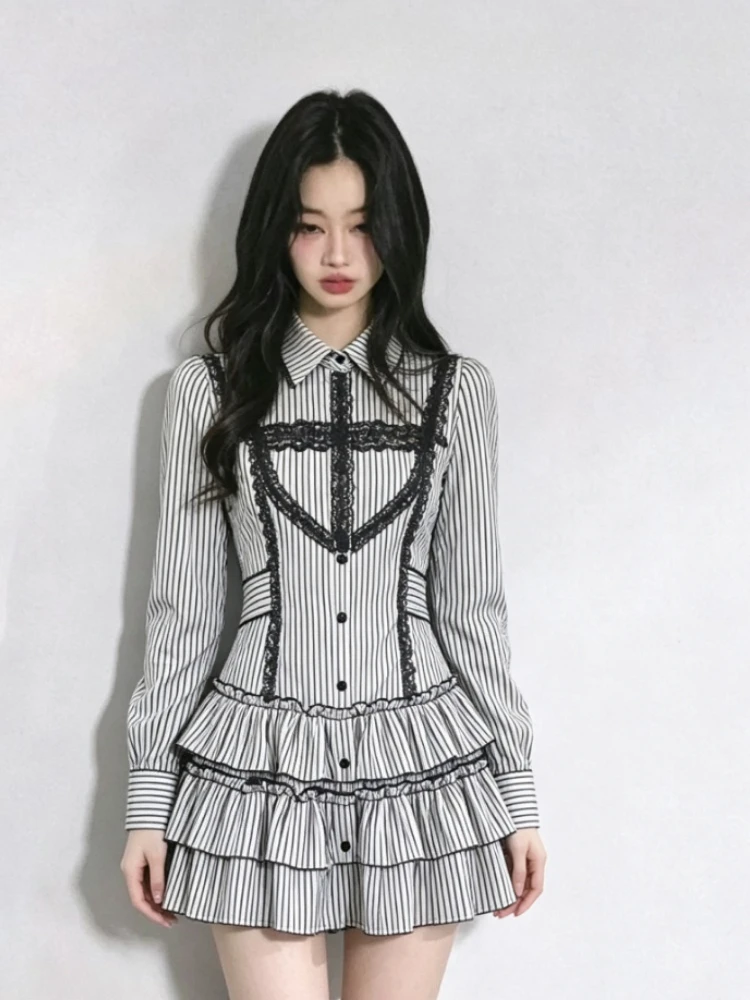Women Y2K Gothic Striped Mini Dress Vintage Retro Slim Fit Black Lace Harajuku Streetwear Elegant Evening Party Chic Outfits