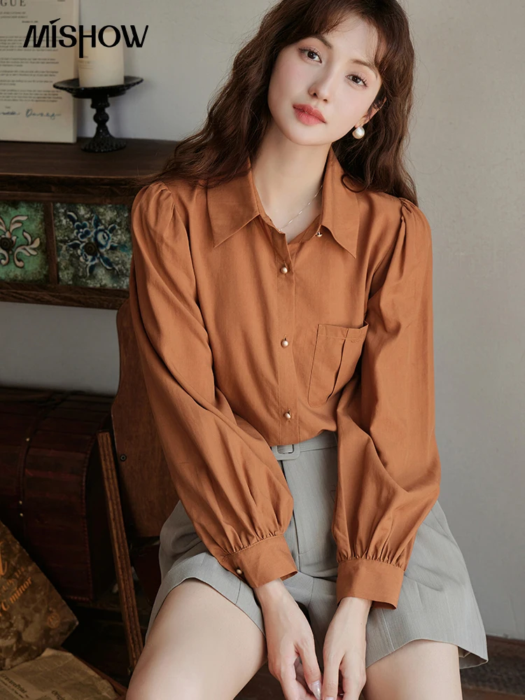 MISHOW [Rose Series] Retro Shirt for Women Autumn 2023 Pocket Tops Turn-down Collar Single Breasted Casual Shirts MXC41C0075