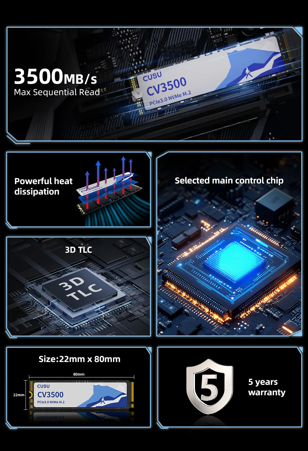 Cusu NVMe SSD 256gb 512gb 1tb 2tb M.2 PCIe 2280 Disco de estado