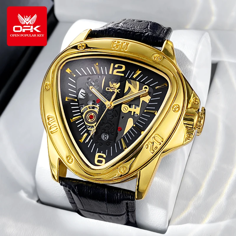 

Брендовые мужские часы OPK, модные наручные часы с треугольным большим циферблатом и кожаным ремешком 8168