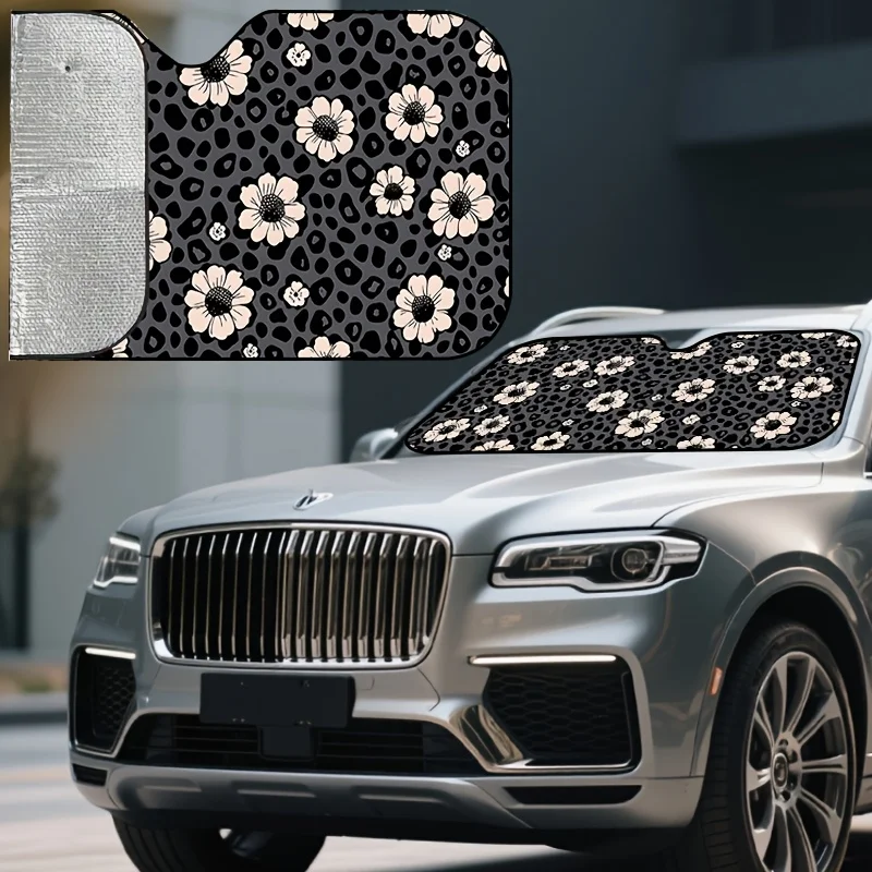 Floral Leopard Print Car Sunshade – Stylish Front Window Shade For UV Protection And Privacy, Perfect For Daily Driving And Trav