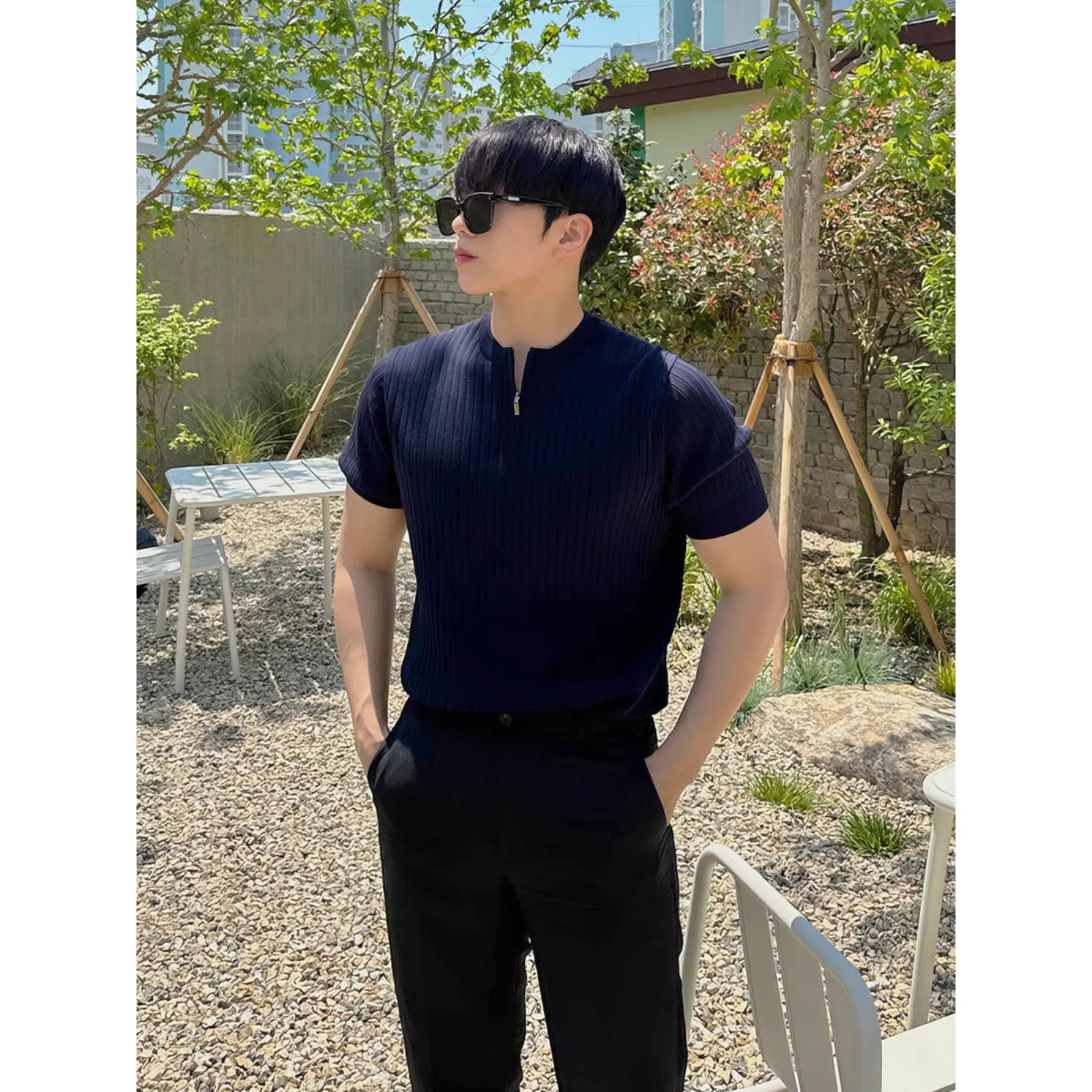 Summer Half-Zip Slim Short Sleeve Knit T-Shirt Men's Business Casual Streetwear Top