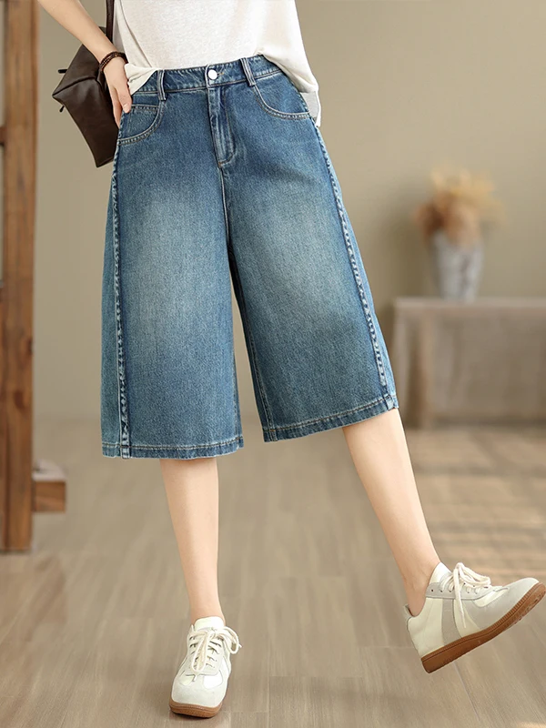 Women's Denim Shorts Summer Casual Loose Straight Wide Leg Pear Shape Sports Slimming Seven-Foot Pants High Waist Cotton Poly...