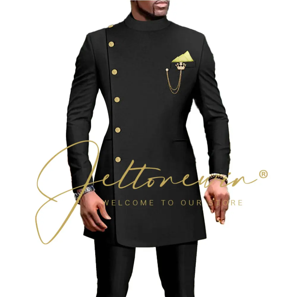 African Style Men's Suit 2 Piece Wedding Tuxedo Double Breasted Long Jacket Pants Formal Groom Outfit