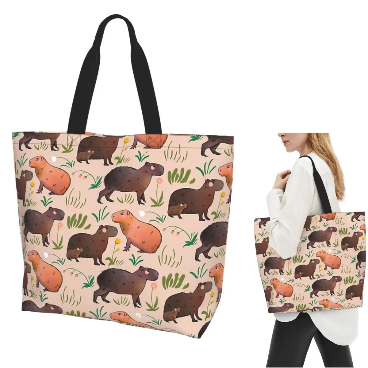 Capybara Animal Illustration Pattern Shopping Tote Bag Canvas Large Capacity Shoulder Bags Shopper Grocery Handbag for Women