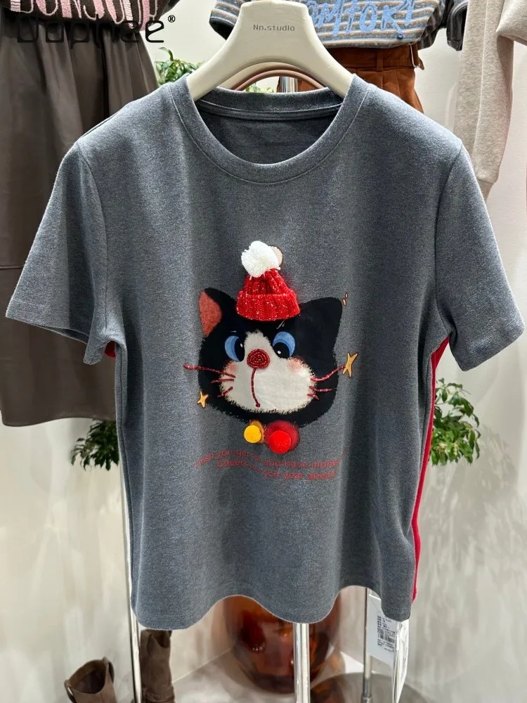 

Christmas Cartoon Cat Thickened Short Sleeve T-Shirt for Women Autumn Winter Heavy Loose Base Shirt Women's Clothing Tops