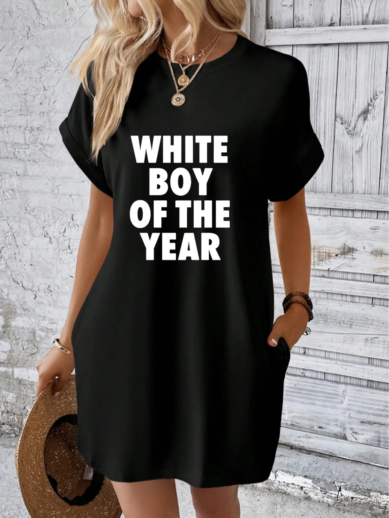 

Women's high-end black crew neck dress, premium Sorona fabric, with "WHITE BOY OF THE YEAR" letter print, casual loose fit with