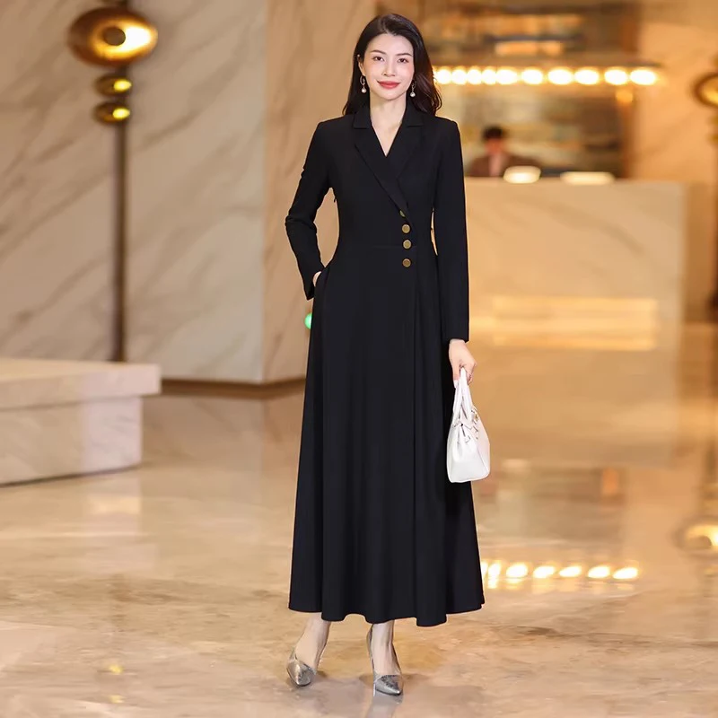

New Women Spring Autumn Long Dress Fashion Elegant Suit Collar Slim Waist Long Sleeve Dress Simplicity Solid Color Dress