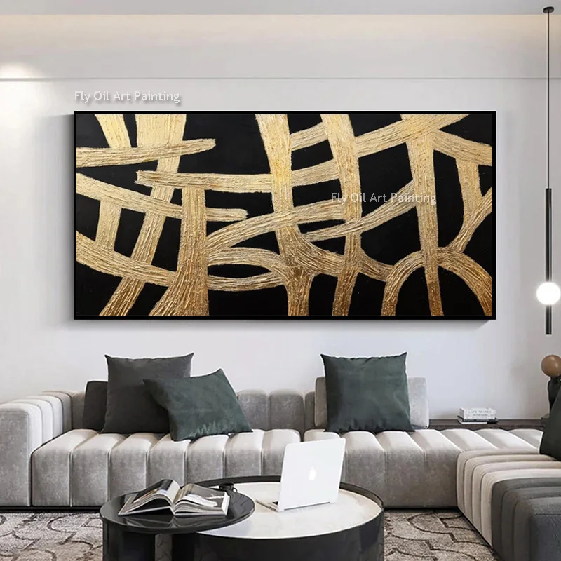 Hand Drawn Large Gold Foil Canvas Thick Artwork New Original Design Home Wall Decor Items Black And Golden Yellow Oil Painting