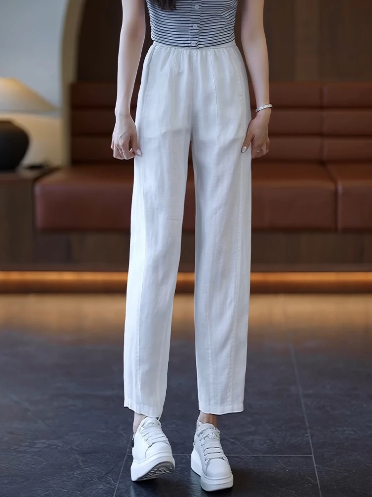 

Летние тонкие женские брюки-шаровары свободного кроя, повседневные, укороченные (7/8), с высокой талией, на резинке, из льняной смеси, элегантные, для создания нежного образа