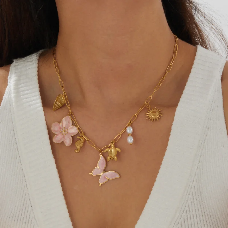 

18K Gold Ocean Floral Multi Charms Necklace 316L Stainless Steel Paperclip Chain Pearl Pink Enamel Women Beach Jewelry
