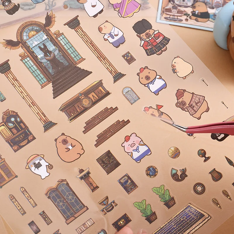 Card Lover 3 Pcs [Capibala Hotel Series] Creative Cartoon Interesting Scenes Collage Puzzle Stickers PET Material Scrapbook Kit